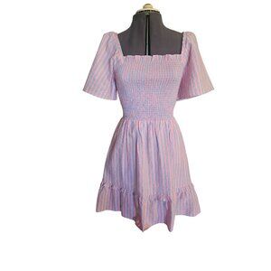 Draper James Pinstripe Fit & Flare Dress Puff Sleeve Ruffle Hem Blue & Pink Knee